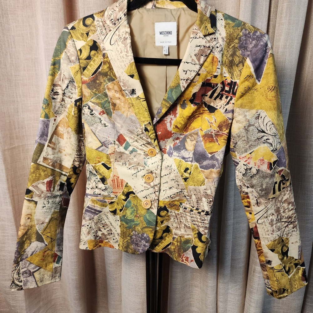 Vintage 90s Moschino Jeans Collage Print Blazer Made Italy US 6 IT 40